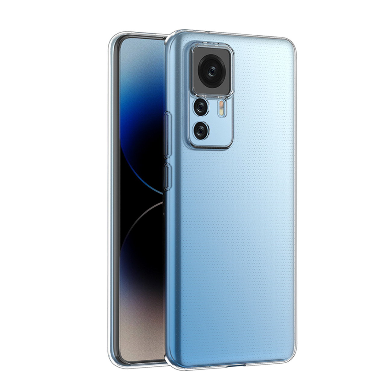 Hellblaue Handyhülle mit transparentem Rücken. Die Kamera des Telefons ist sichtbar.