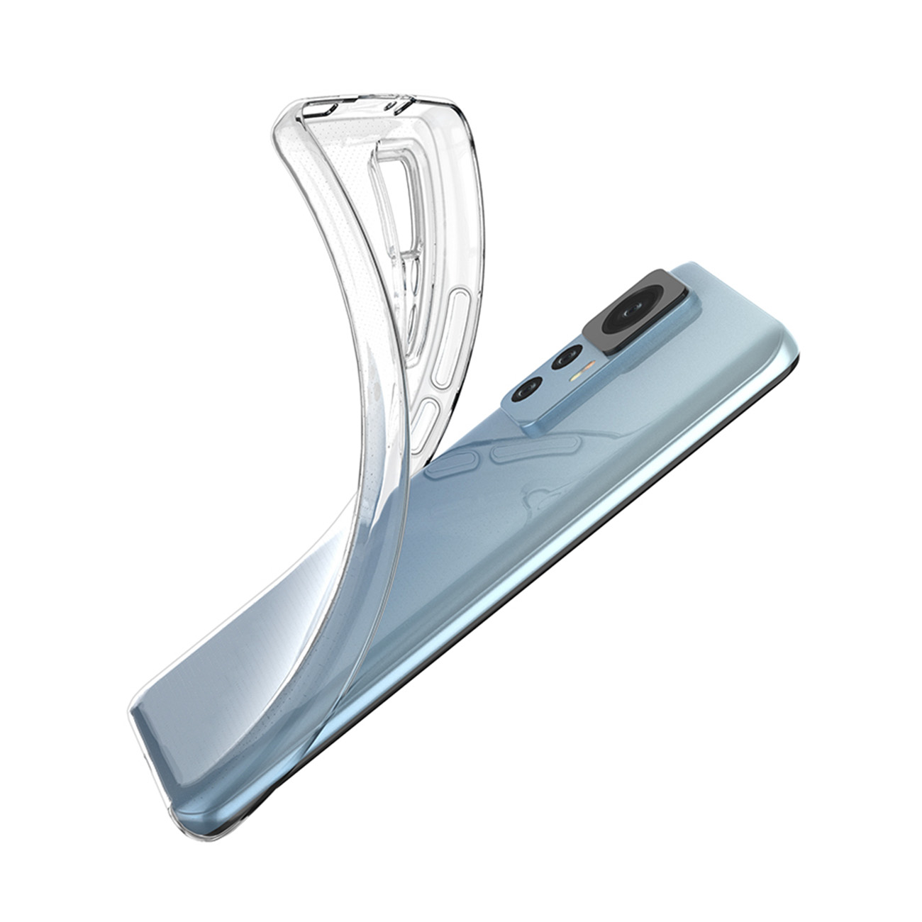 Eine Handyhülle mit Telefon, auf weißem Grund, zeigt den Bildschirm, und klare flexible Hülle.