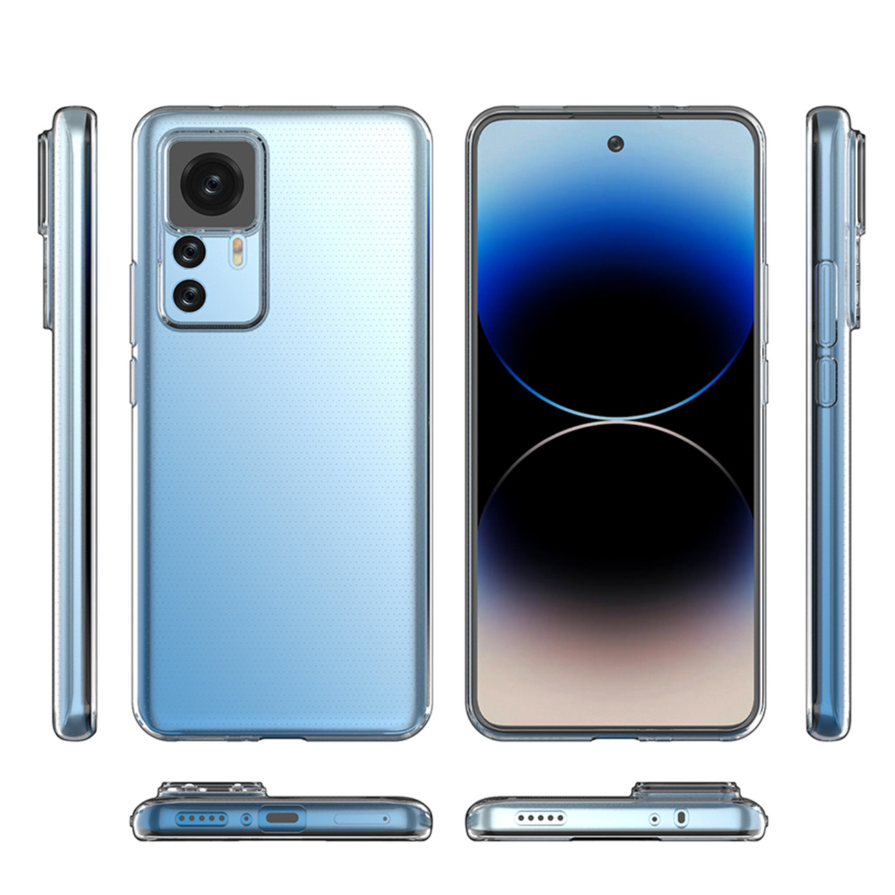 Blaue transparente Handyhülle mit Telefon, zeigt mehrere Ansichten von Hülle und Telefon.
