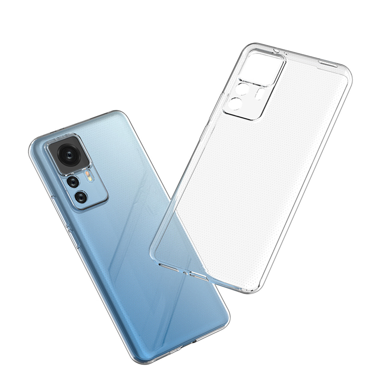 Ein Smartphone mit einer transparenten Hülle. Das Telefon ist blau, und die Hülle ist transparent. Die Kamera ist sichtbar. Weißer Hintergrund.