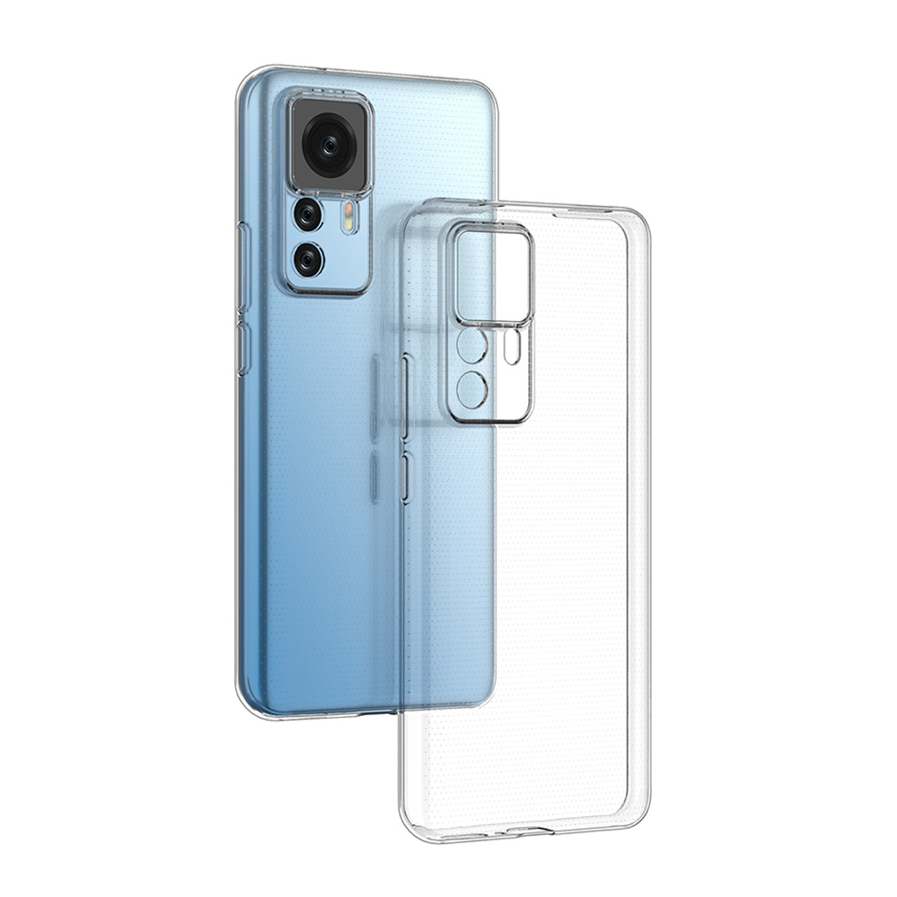 Blaues Telefon mit transparenter Hülle, Rückseite mit Kameralinsen sichtbar.