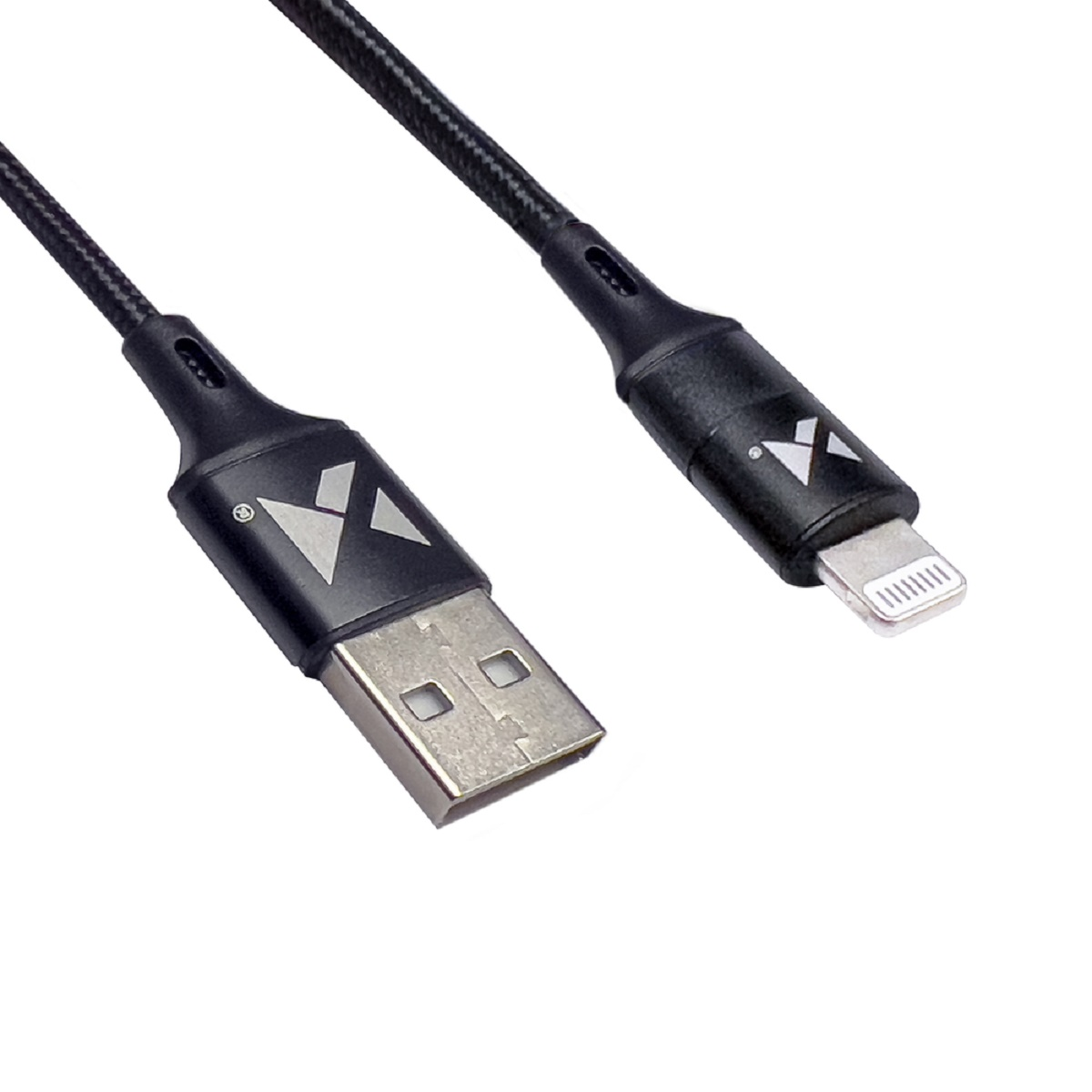Ein schwarzes USB-zu-Lightning-Kabel mit USB- und Lightning-Anschluss, weißer Hintergrund.
