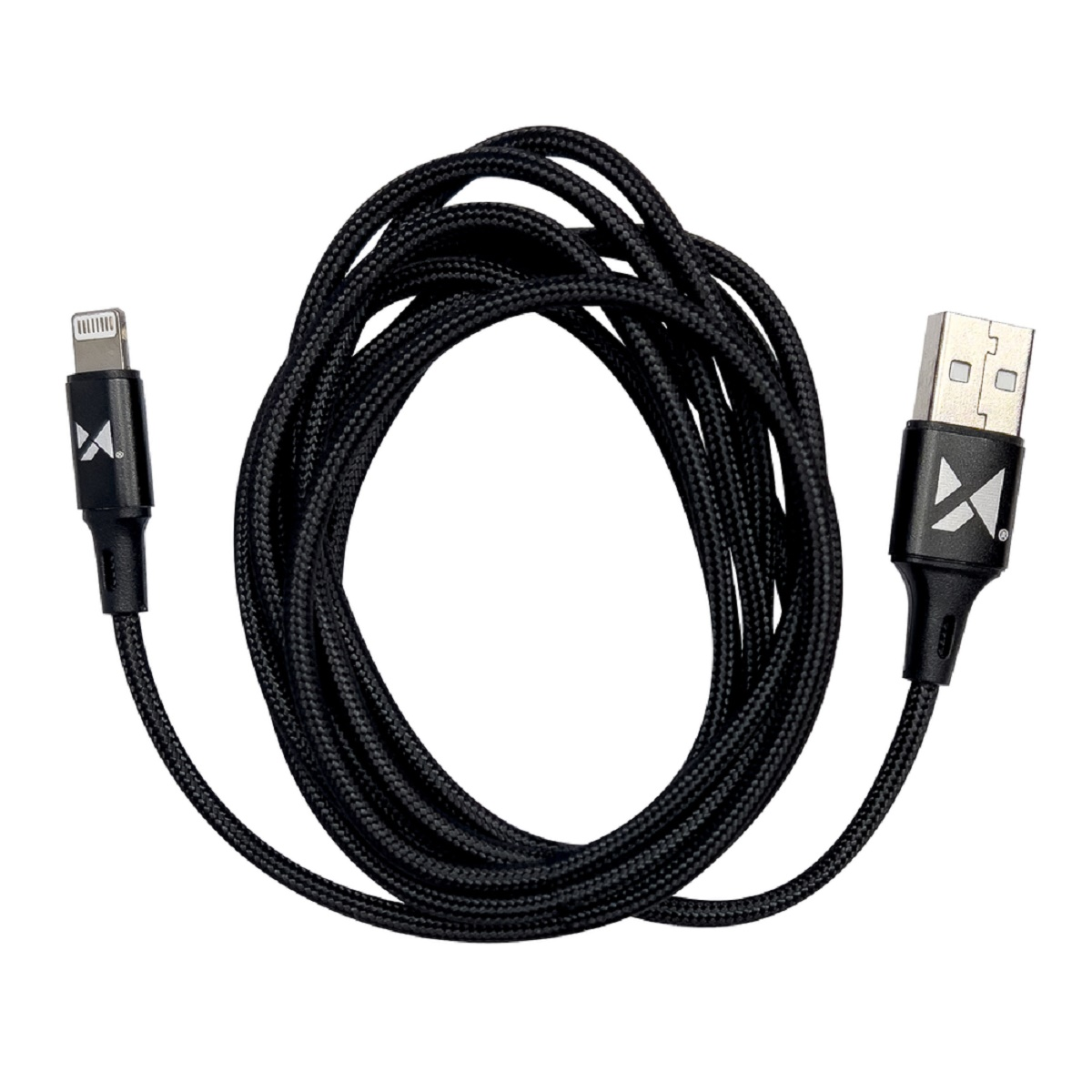 Schwarzes Ladekabel mit Lightning- und USB-Anschlüssen. Geflochtenes schwarzes Kabel.
