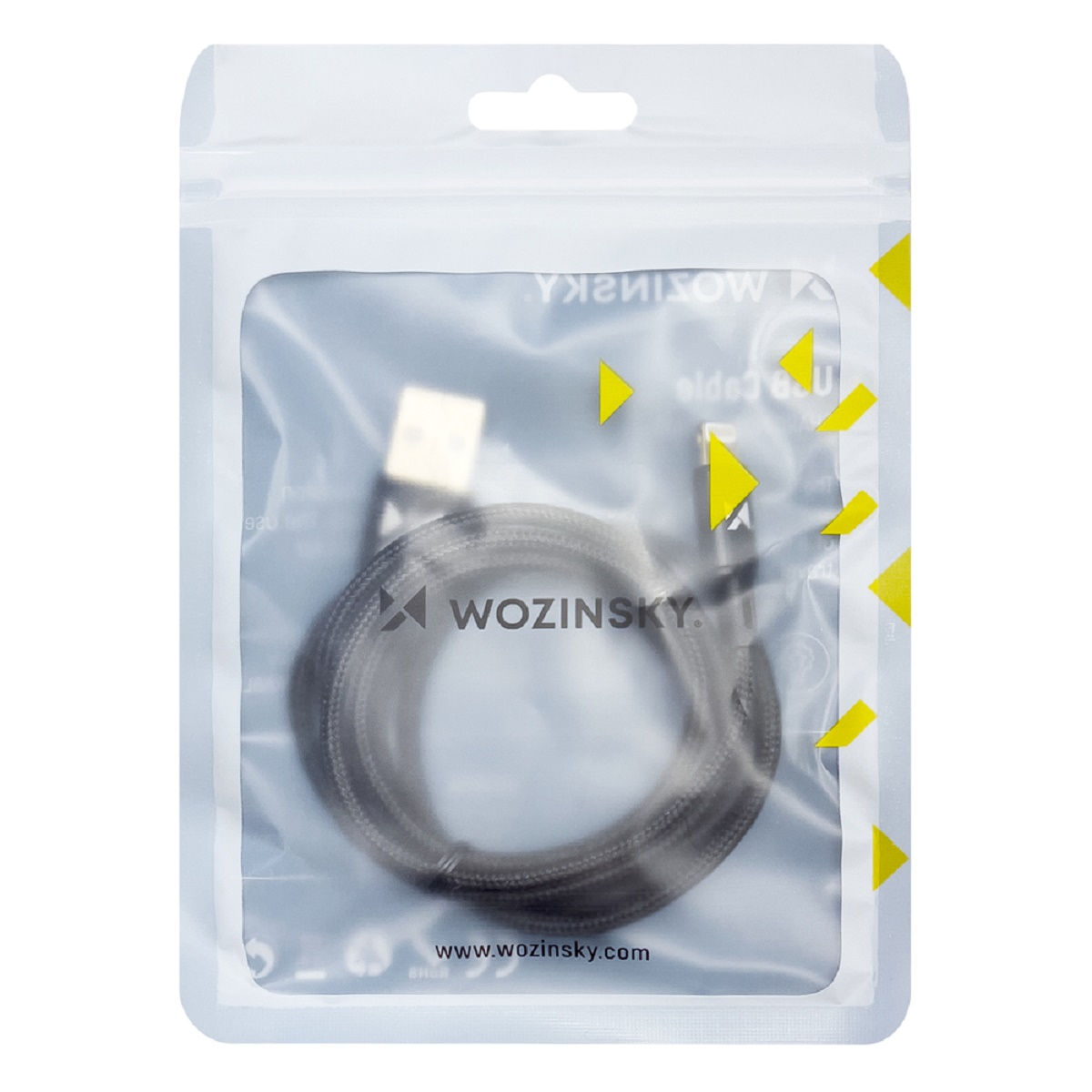 USB-Ladekabel in einer transparenten Plastiktüte. "WOZINSKY" ist auf der Tüte gedruckt.