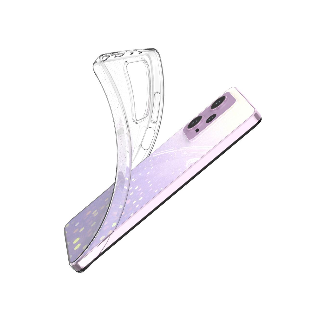Transparente Handyhülle über einem Telefon, schräge Ansicht. Telefon hat einen lila Farbverlauf.