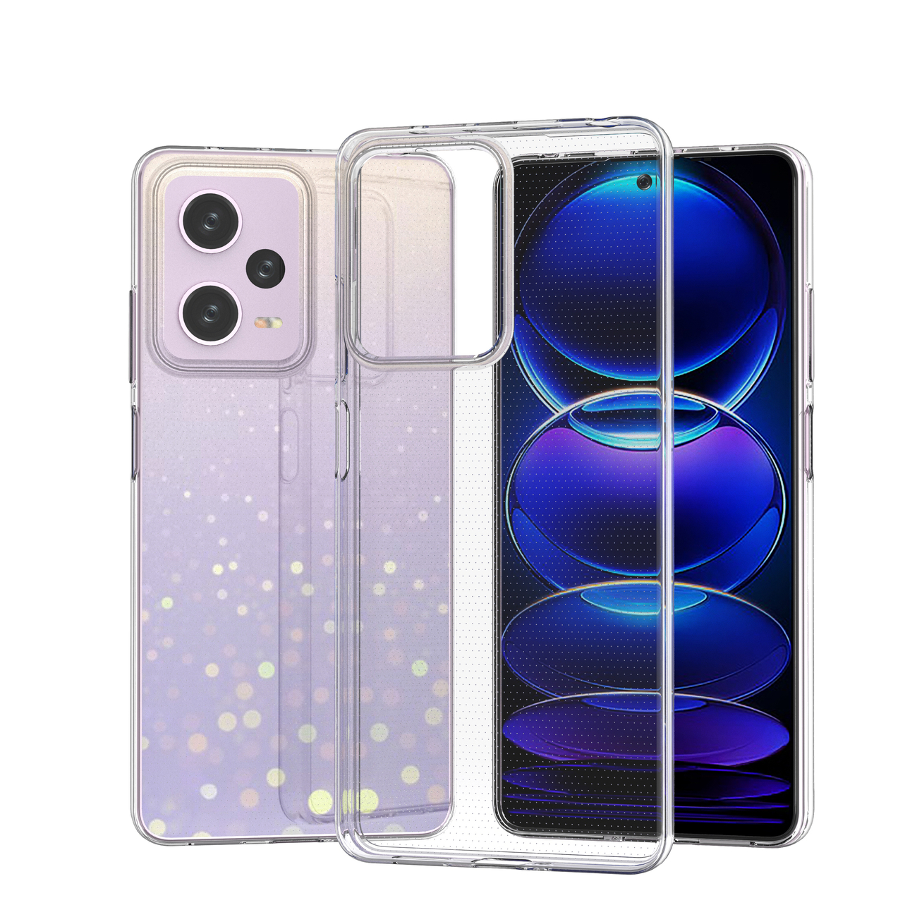 Transparente Handyhülle mit Telefon, das die Rück- und Vorderseite zeigt.