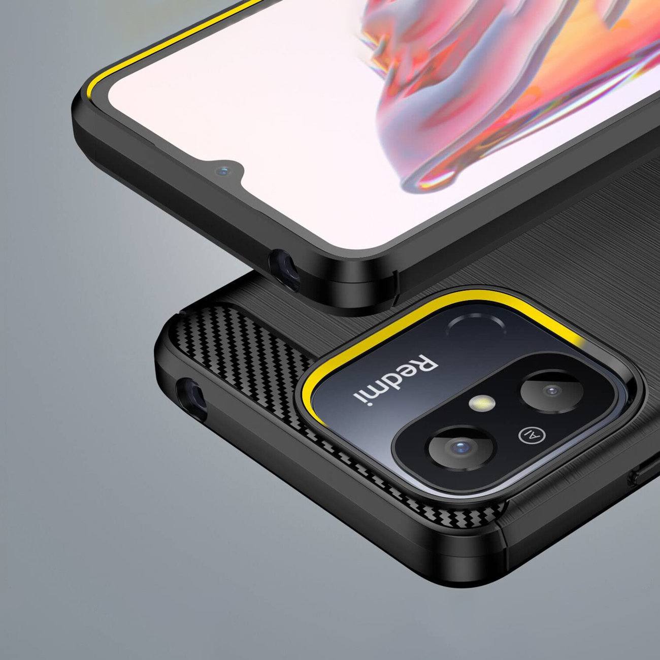 Nahaufnahme von zwei schwarzen Handyhüllen. Eine mit gelbem Rand und Bildschirm. Zweite zeigt Kamera und "Redmi".