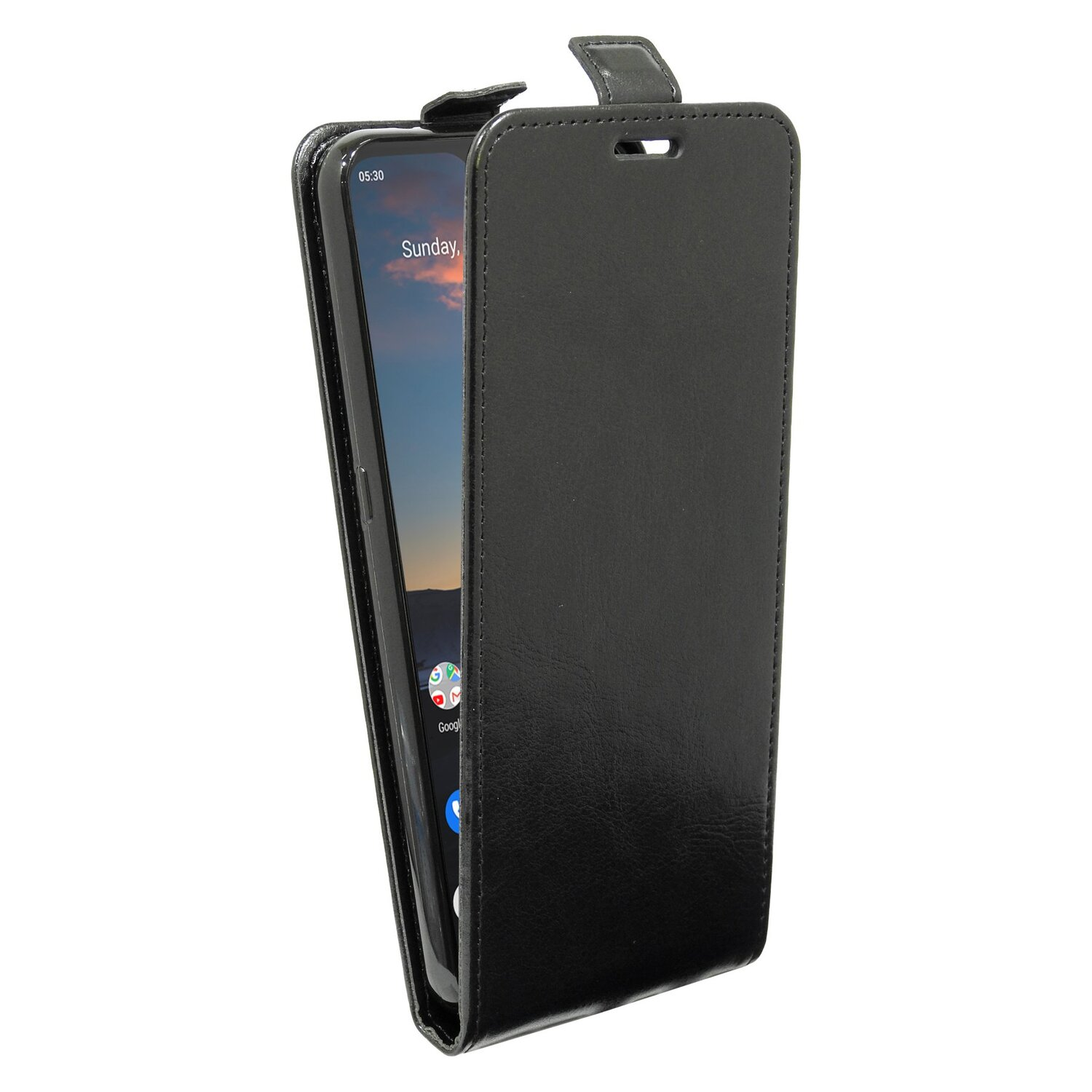 Schwarzes Telefon in einer schwarzen Ledertasche. Der Telefonbildschirm zeigt einen Sonntag an.