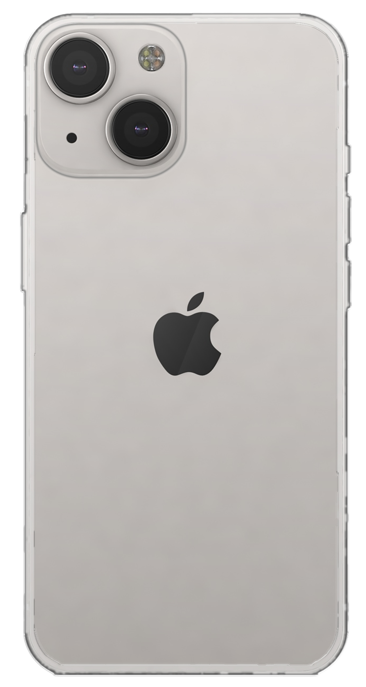 Die Rückseite eines silbernen Telefons mit einer transparenten Hülle. Es hat drei Kameras und ein Apple-Logo.