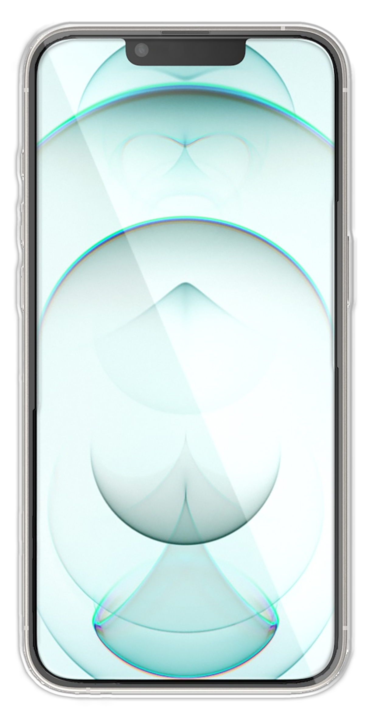 Ein Telefonbildschirm mit einem verschwommenen, abstrakten Design in hellen Türkis- und Weißtönen.