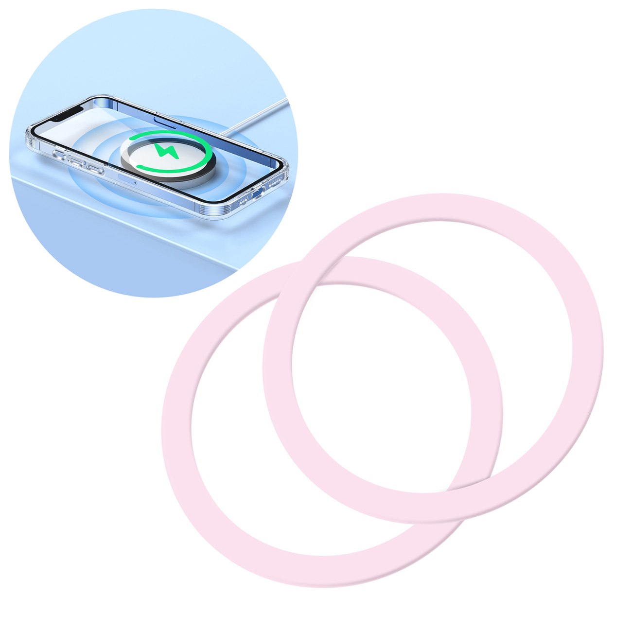 Telefon mit Ladepad und zwei rosa Laderingen auf blauem Hintergrund.