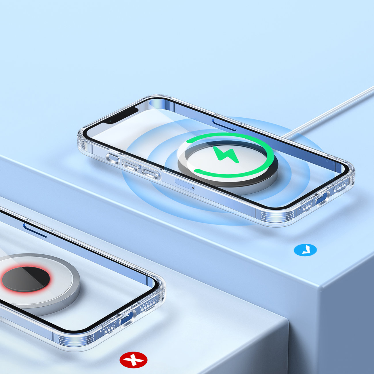 Transparente Handyhülle auf kabellosem Ladegerät. Ladesymbol. Blauer Hintergrund. Zwei Objekte.