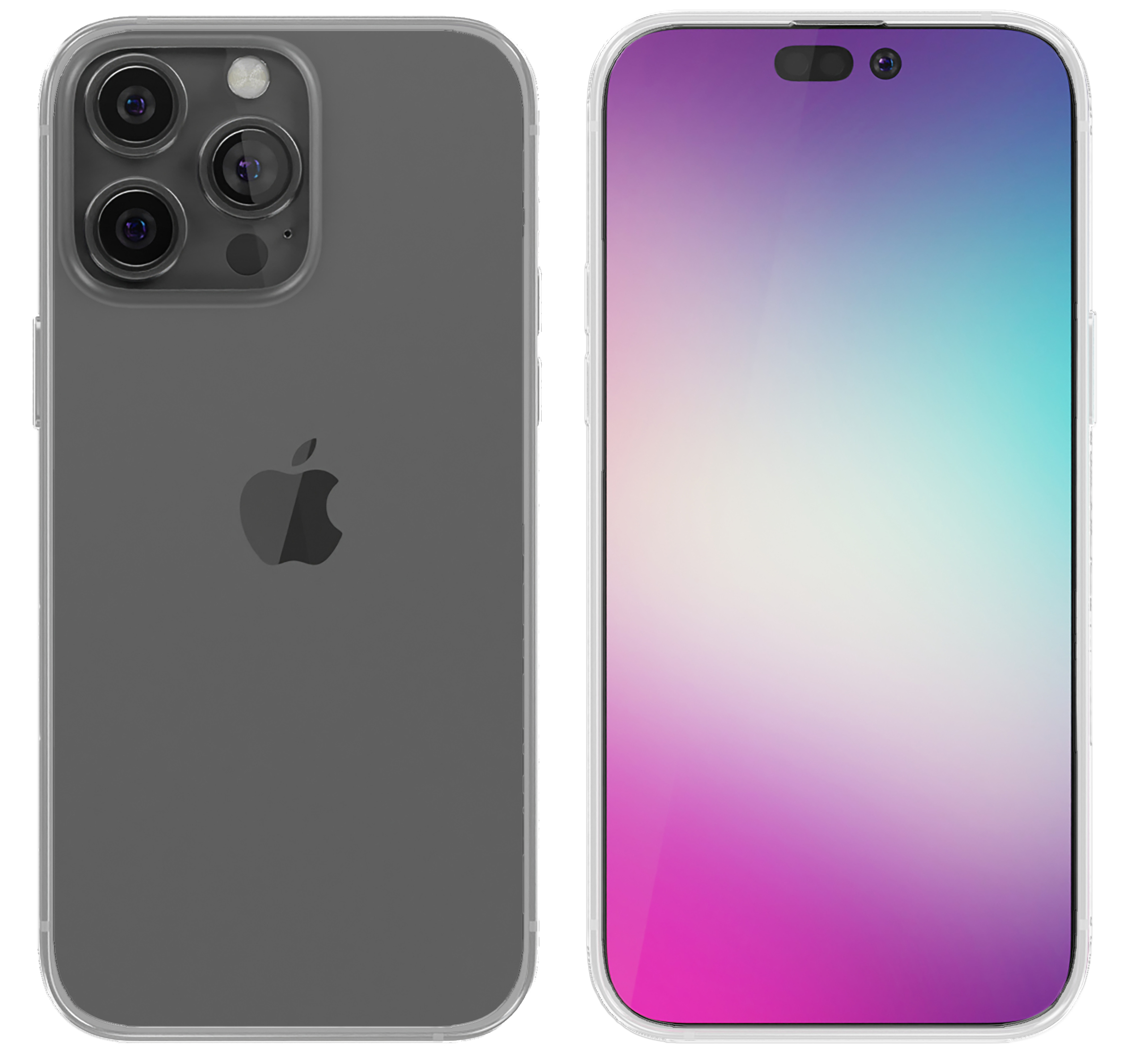 Zwei iPhones mit Hüllen. Eines ist grau, zeigt Kamera und Rückseite. Das andere zeigt den Bildschirm.