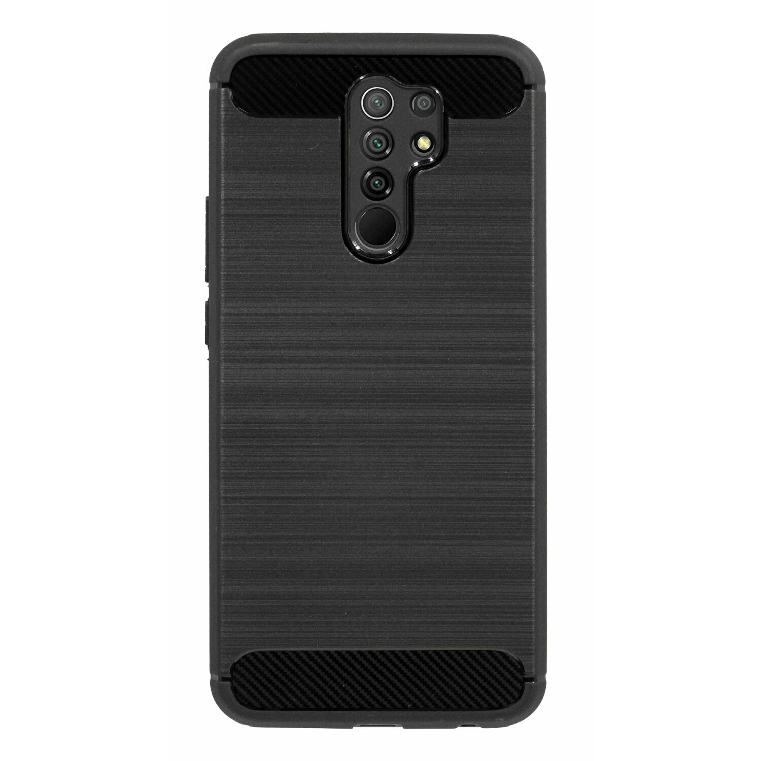 Eine schwarze Handyhülle mit strukturierter Rückseite und Kameraausschnitten. Die Hülle hat ein robustes Design.