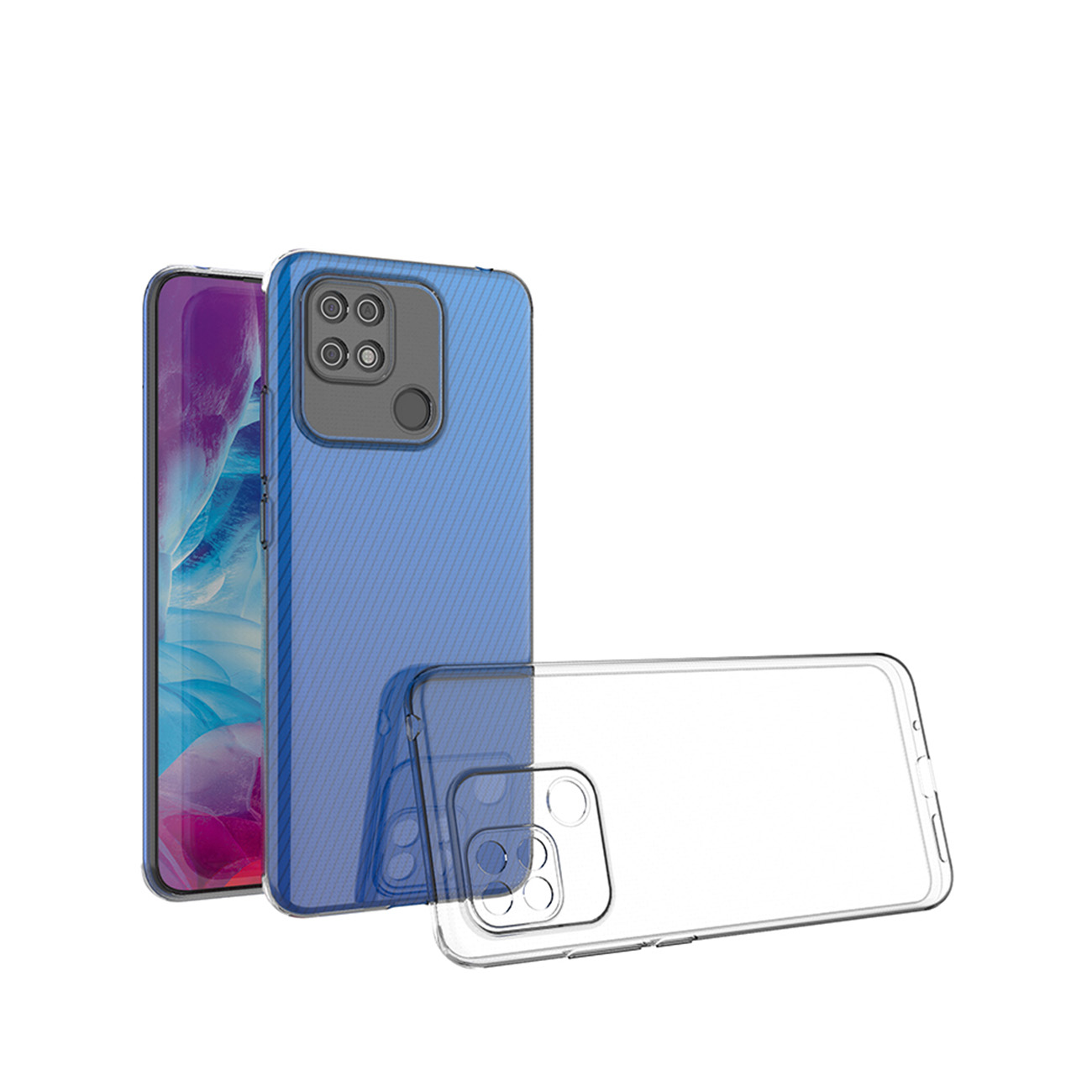 Telefonhüllen in Blau und Klar. Blaue Hülle hat Kameraschutz, klare Hülle sichtbar.