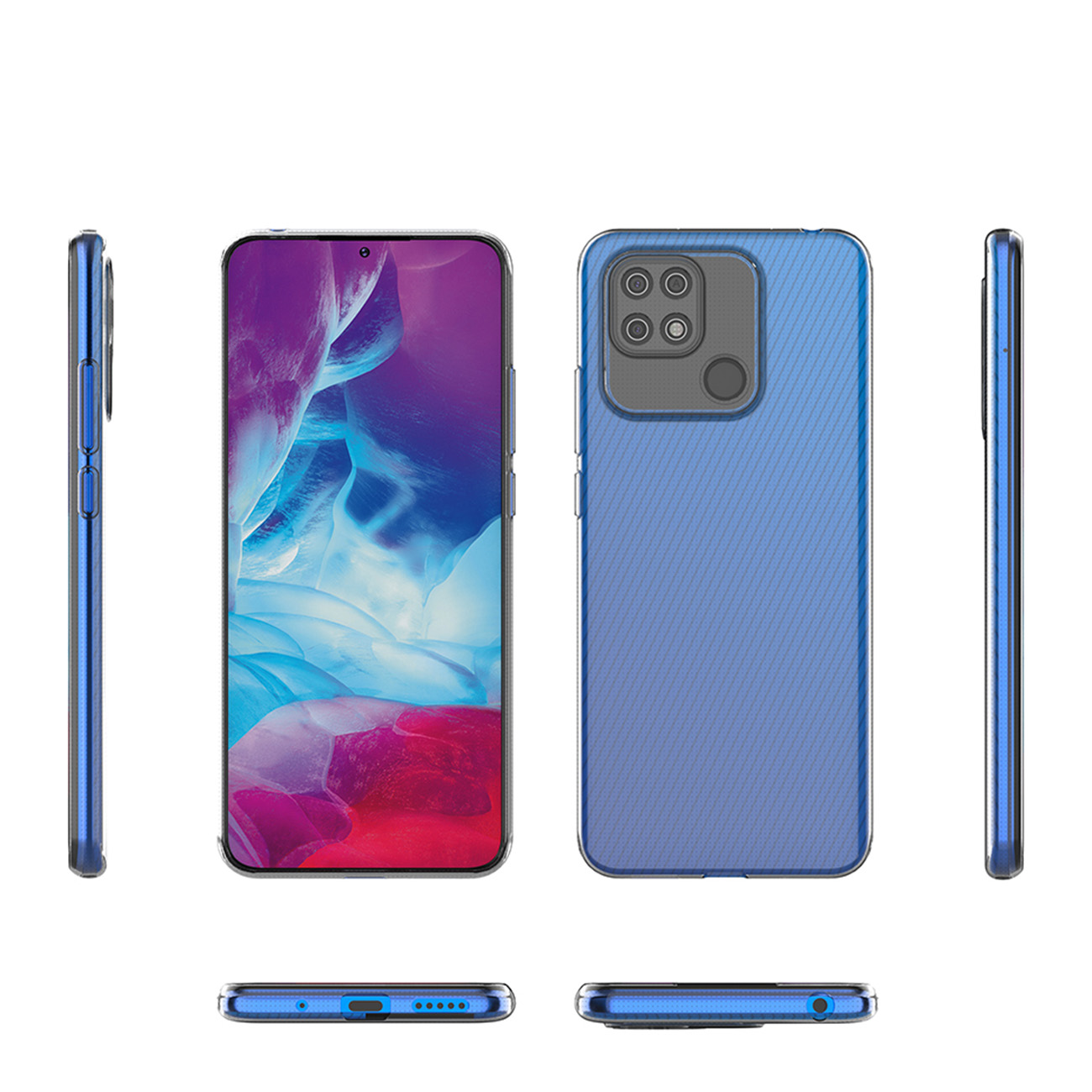 Ein Smartphone ist aus verschiedenen Blickwinkeln zu sehen. Es hat eine blaue Hülle und ein Bild auf dem Bildschirm.