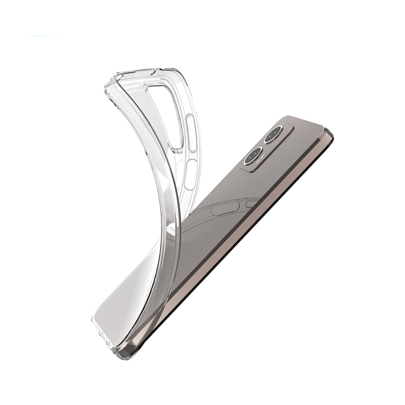 Transparente Handyhülle um silbernes Handy, auf weißem Hintergrund.