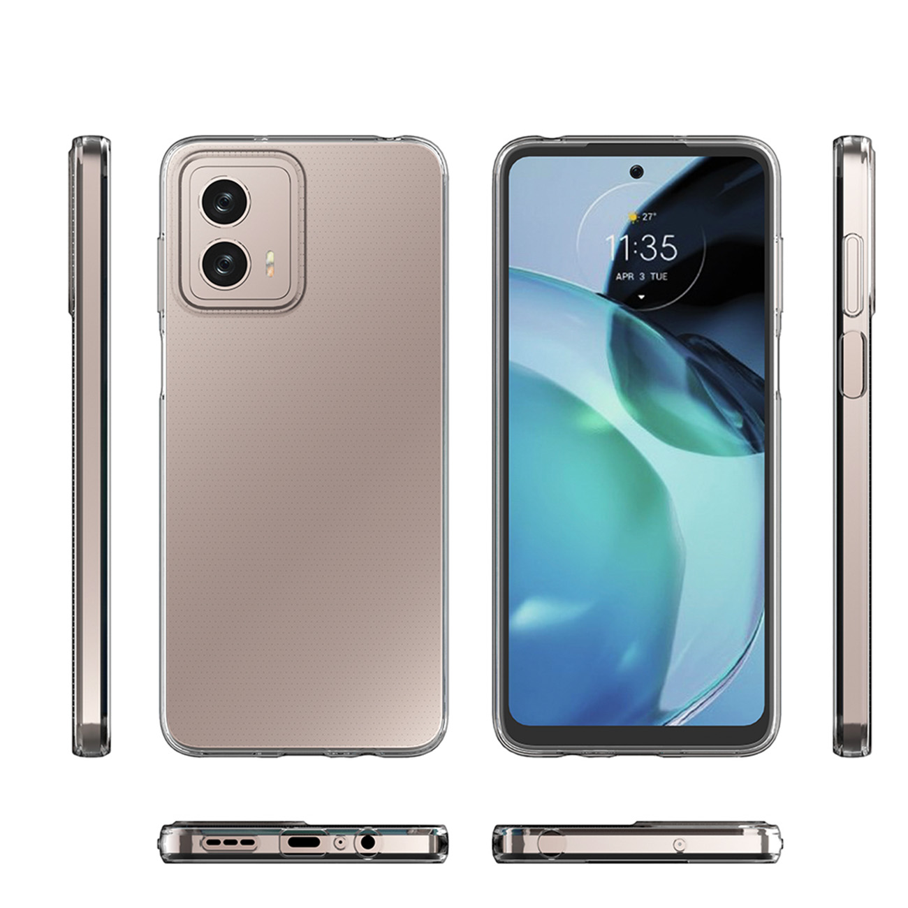 Eine Smartphone-Hülle mit Telefon darin, verschiedene Ansichten der Hülle.