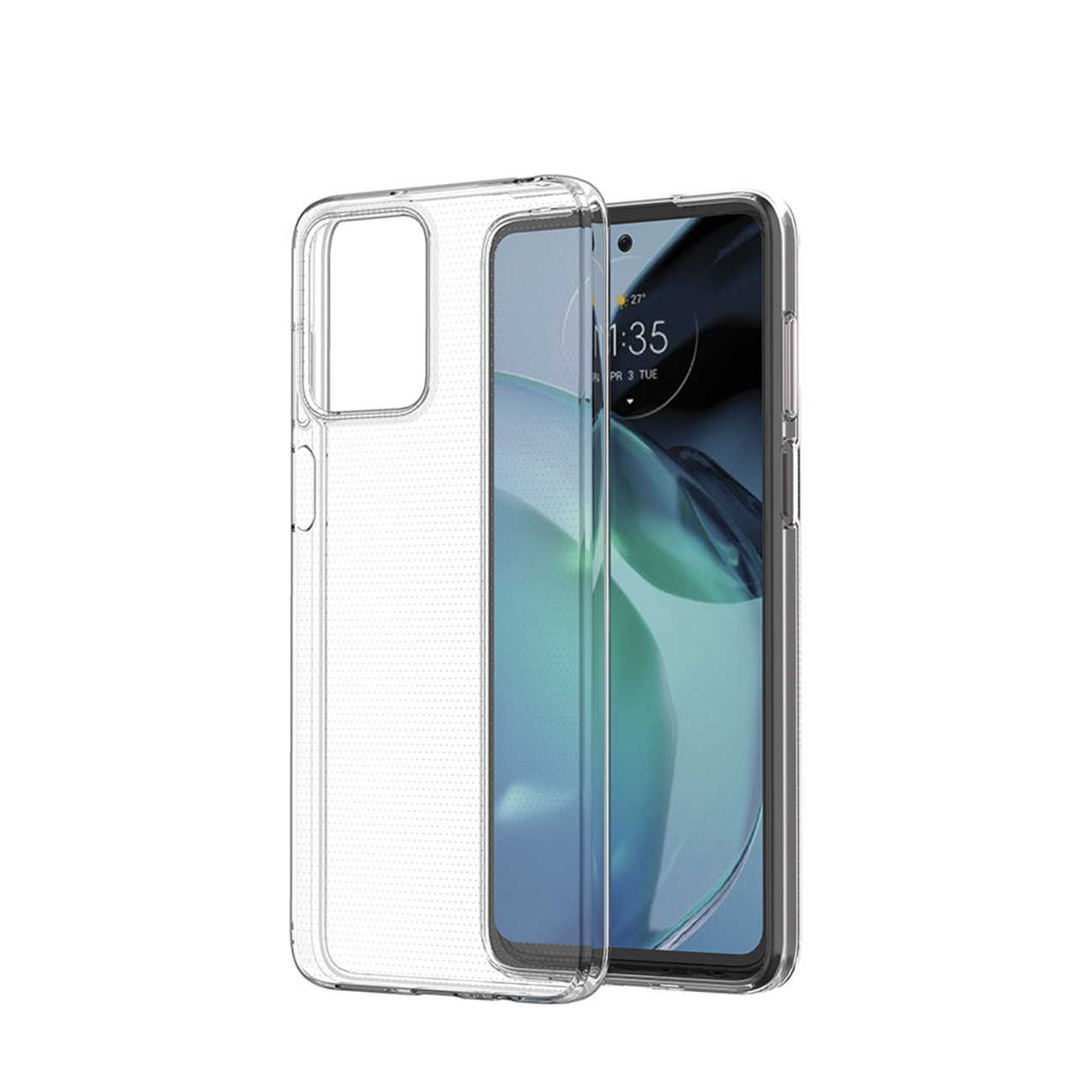 Transparente Handyhülle auf einem Handy. Handy-Bildschirm zeigt die Uhrzeit. Isoliert auf weißem Hintergrund.