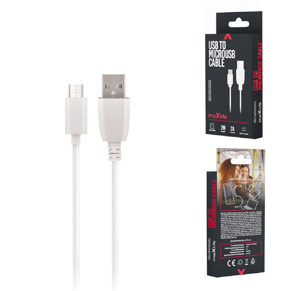 Weißes USB-zu-MicroUSB-Kabel. Kabel und Verpackung gezeigt. MaxLife-Marke sichtbar.