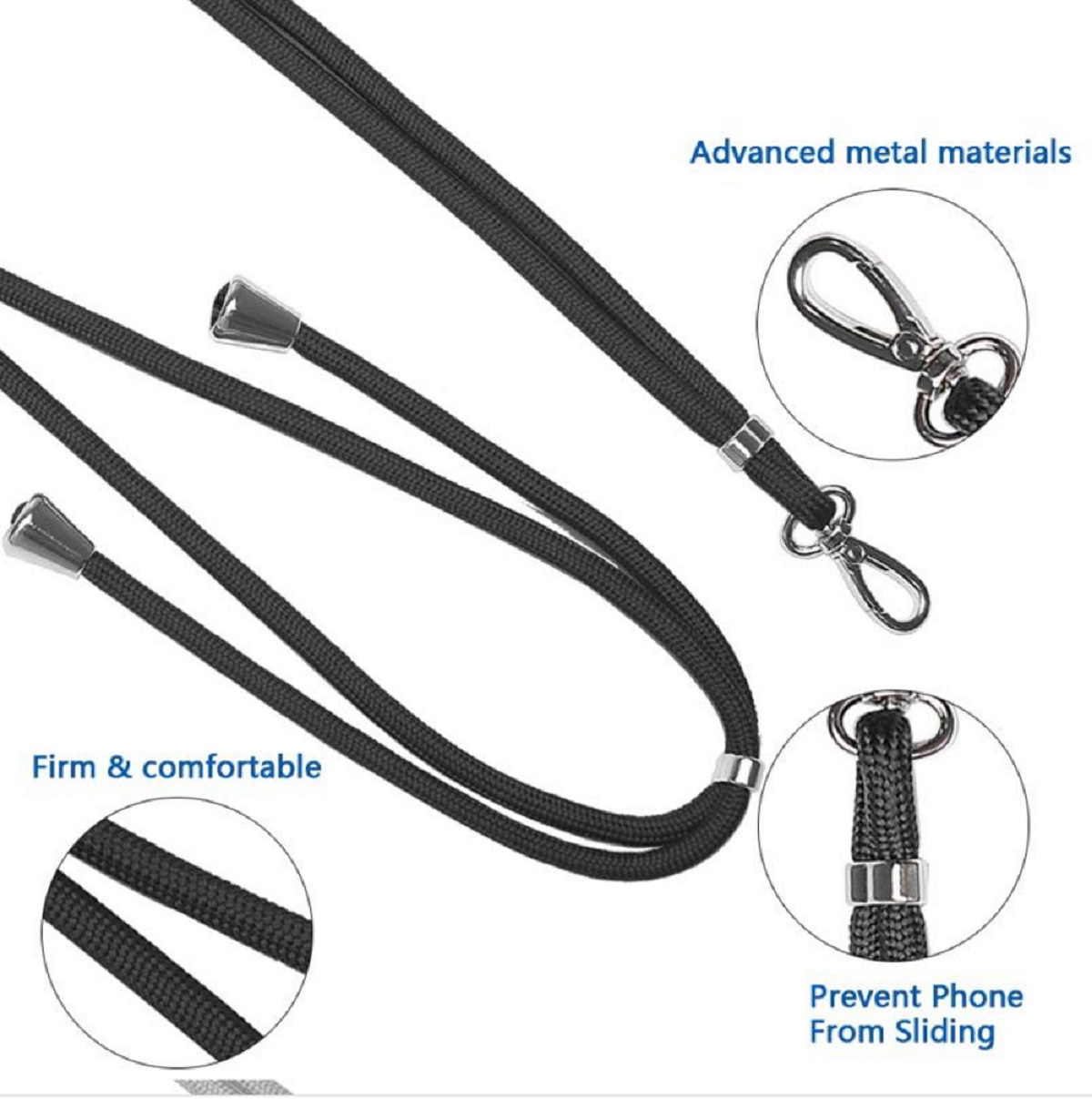 Lanyard per telefono con cordini neri, chiusure in metallo e primi piani dettagliati. Il testo indica saldo e confortevole.