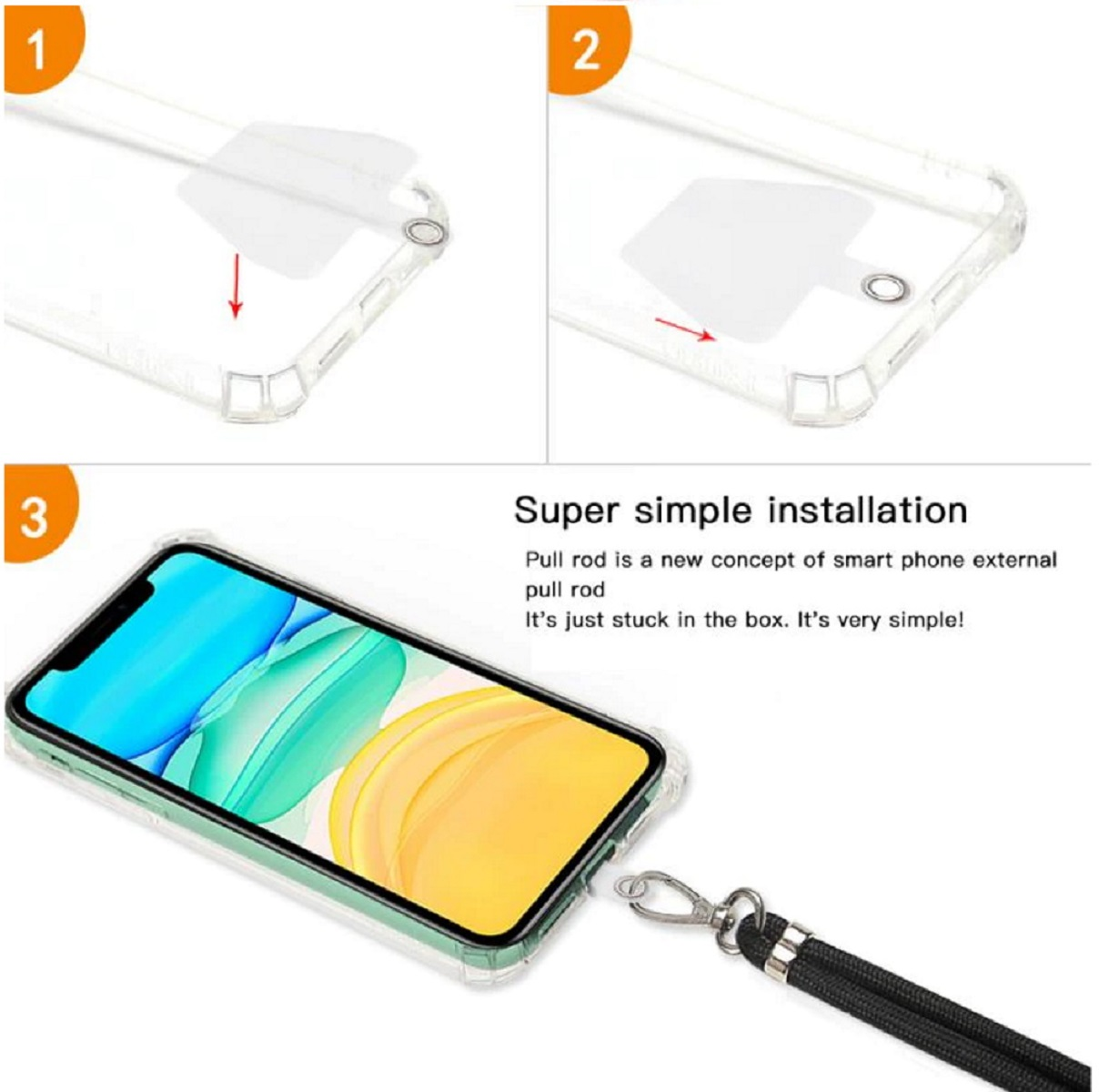 Guida all'installazione della custodia del telefono, passaggi e testo, sfondo bianco.