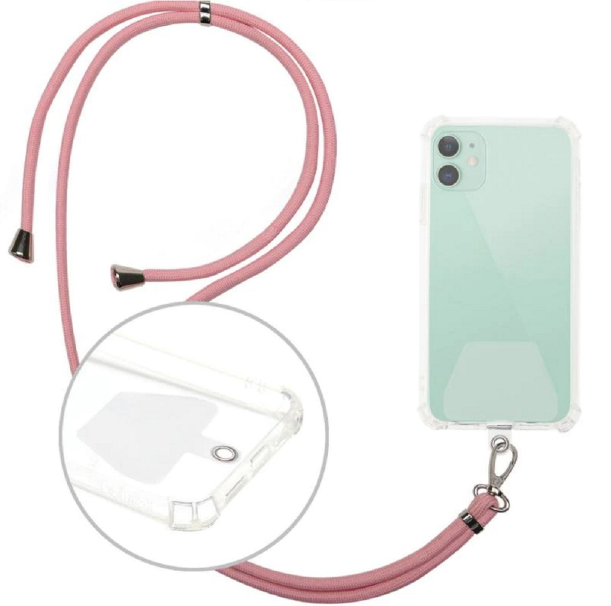 Eine transparente Handyhülle mit einem rosa Handyband. Das Band ist am Telefon befestigt.