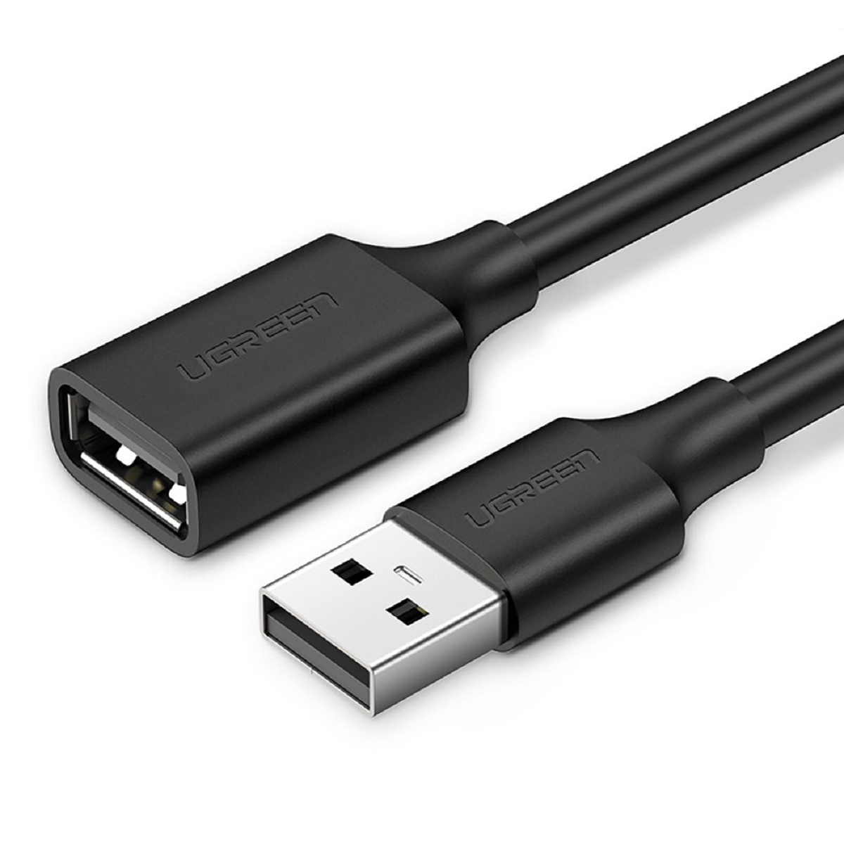 Czarny kabel USB ze złączami USB-A i USB-B na białym tle.