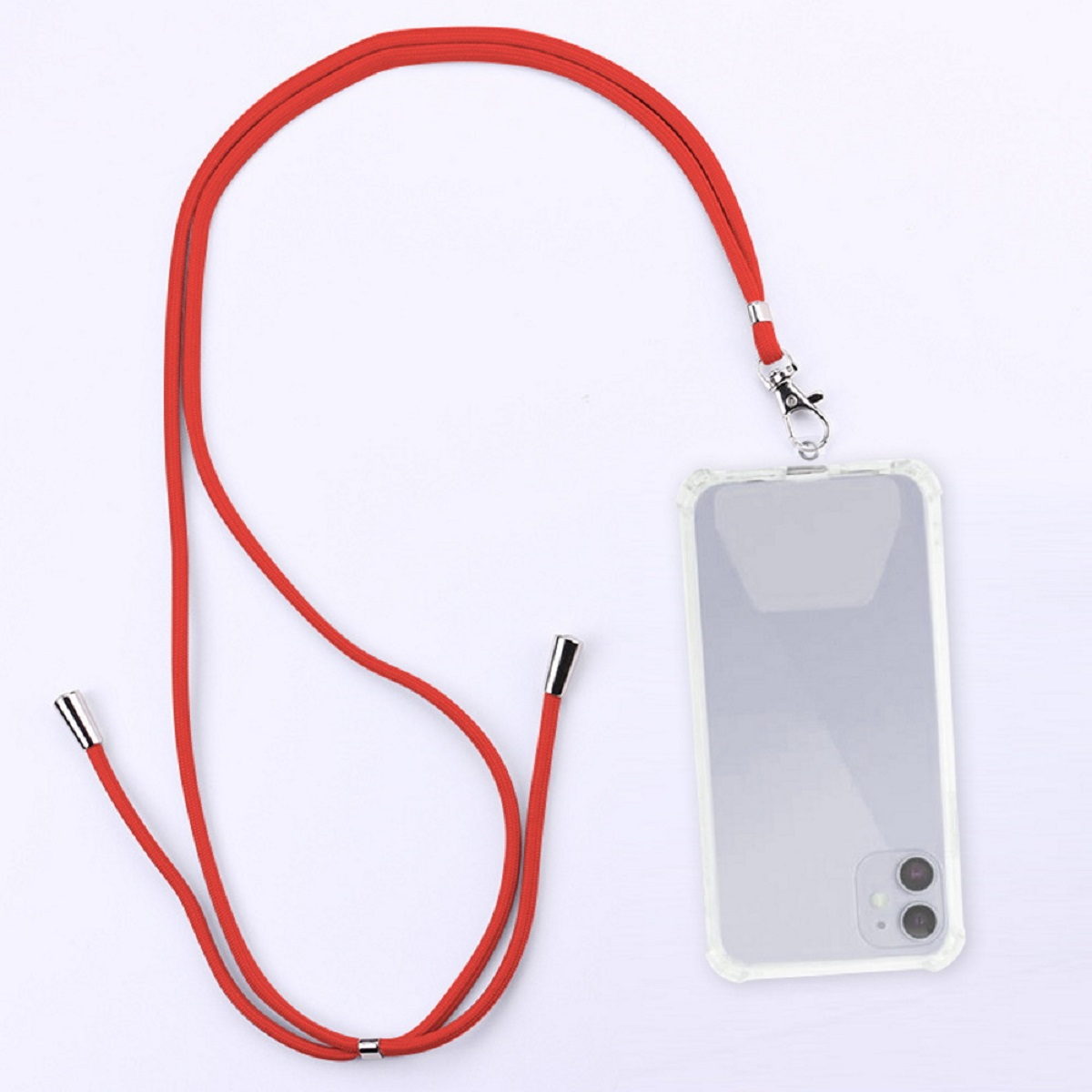 Custodia trasparente per telefono con cordino rosso. Corda rossa con punte e clip argentate.