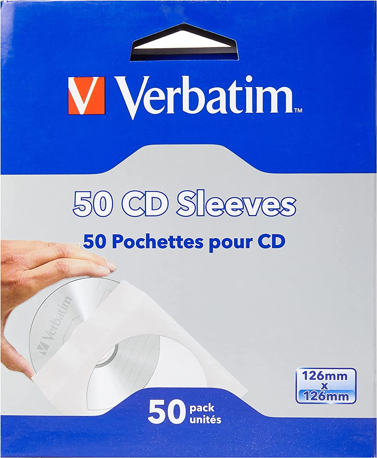 Eine Schachtel mit 50 CD-Hüllen mit dem Markennamen Verbatim und einer CD, die herausragt.