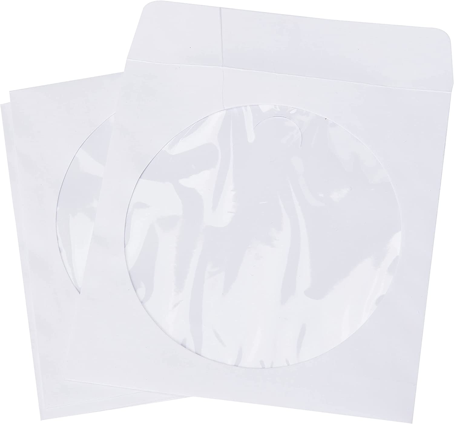 Zwei weiße CD-Hüllen mit einem transparenten Fenster, das leere Disks zeigt.