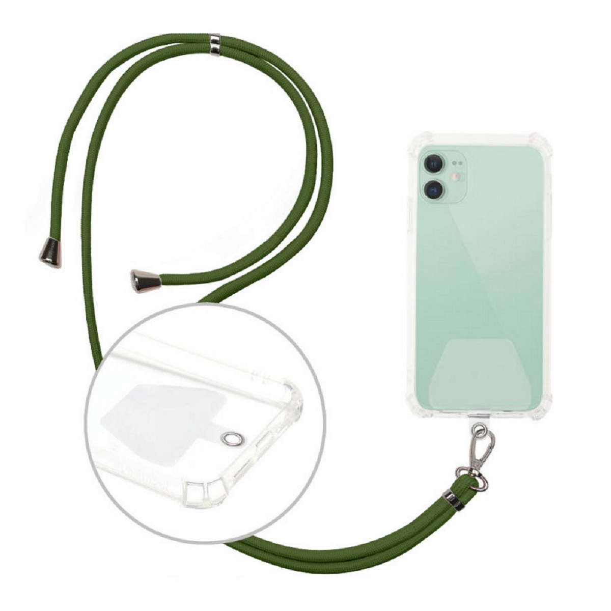 Ein Telefon in einer transparenten Hülle mit einem grünen Lanyard wird gezeigt. Weißer Hintergrund. Detail der Hülle.