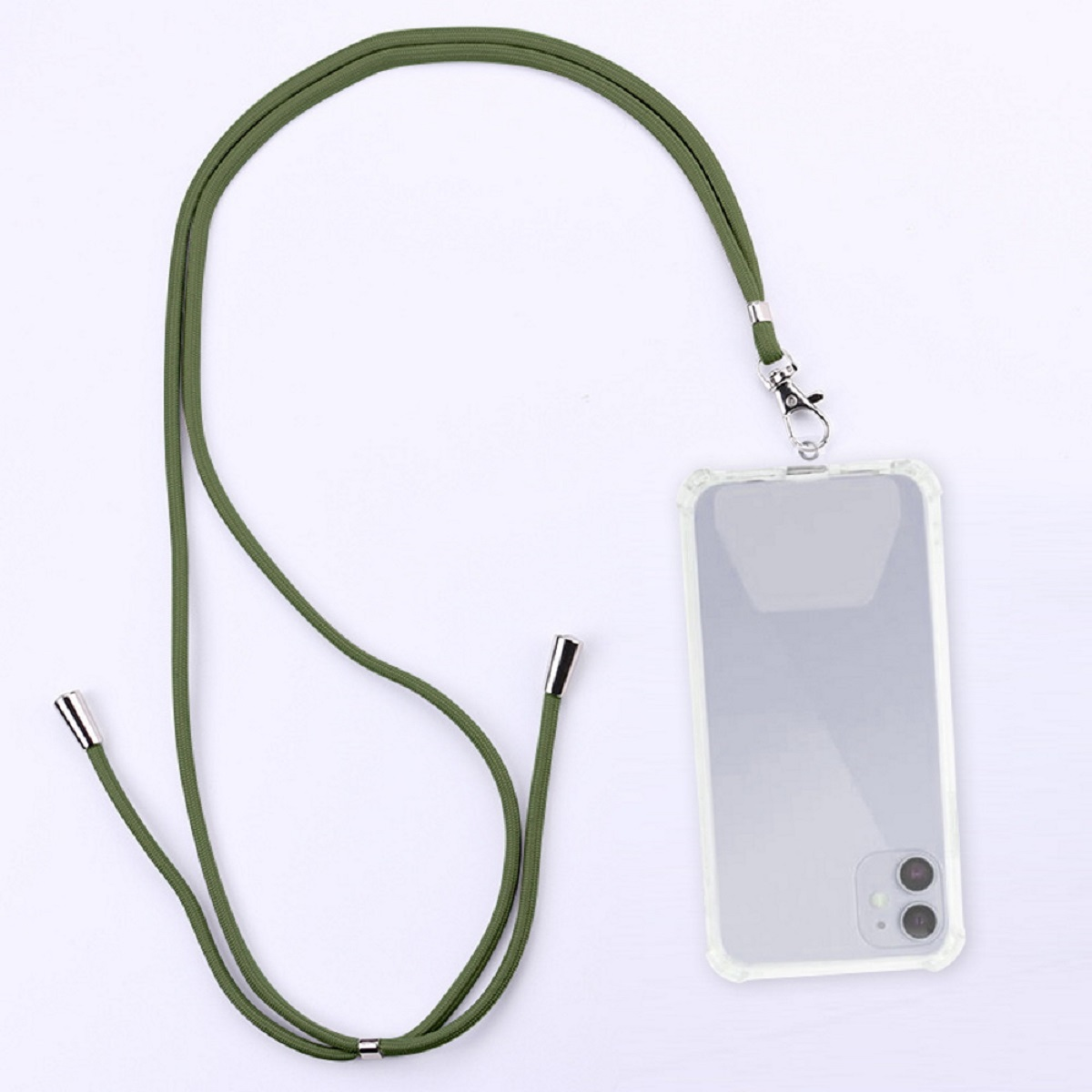 Ein Telefon mit einem Lanyard, mit grünem Seil. Das Telefon befindet sich in einer durchsichtigen Hülle.