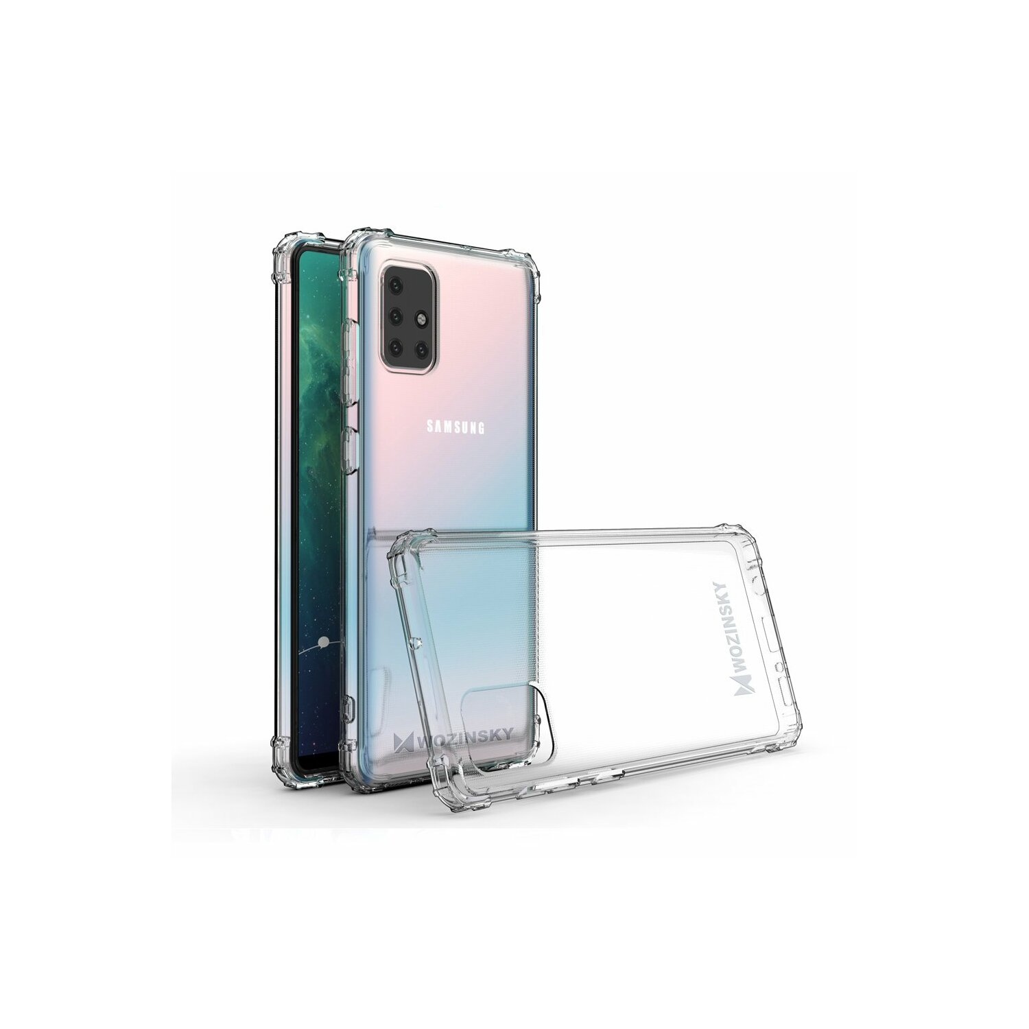 Samsung-Telefon in transparenten Hüllen. Eine Hülle ist offen.