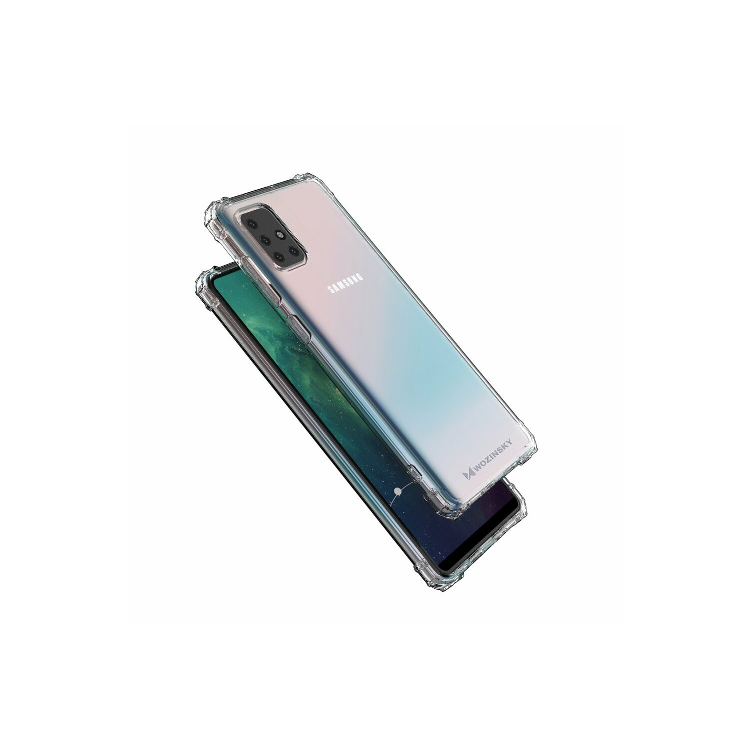 Zwei Telefone, eines auf dem anderen, in einer transparenten Hülle. Weißer Hintergrund.