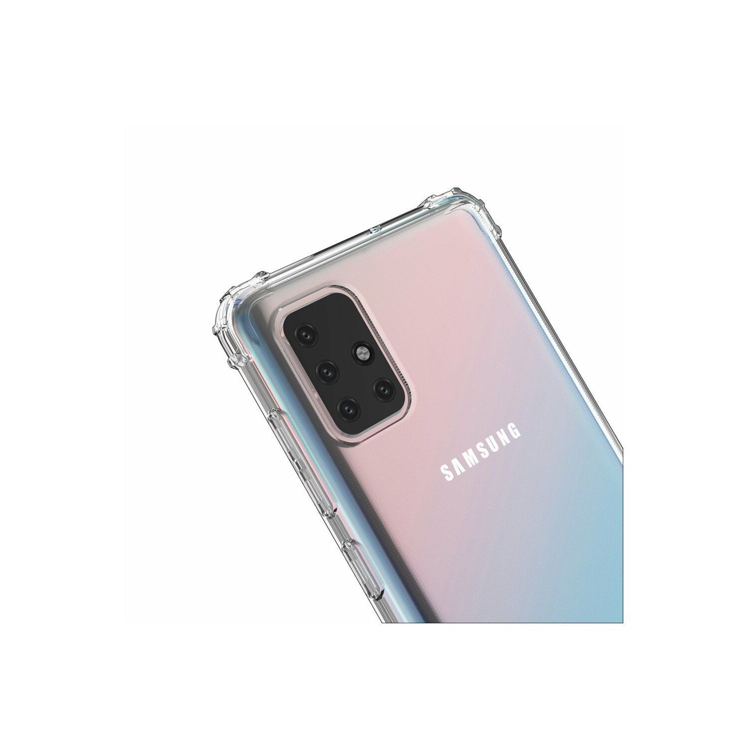Telefon mit transparenter Hülle, Kamera und Samsung-Logo sichtbar.