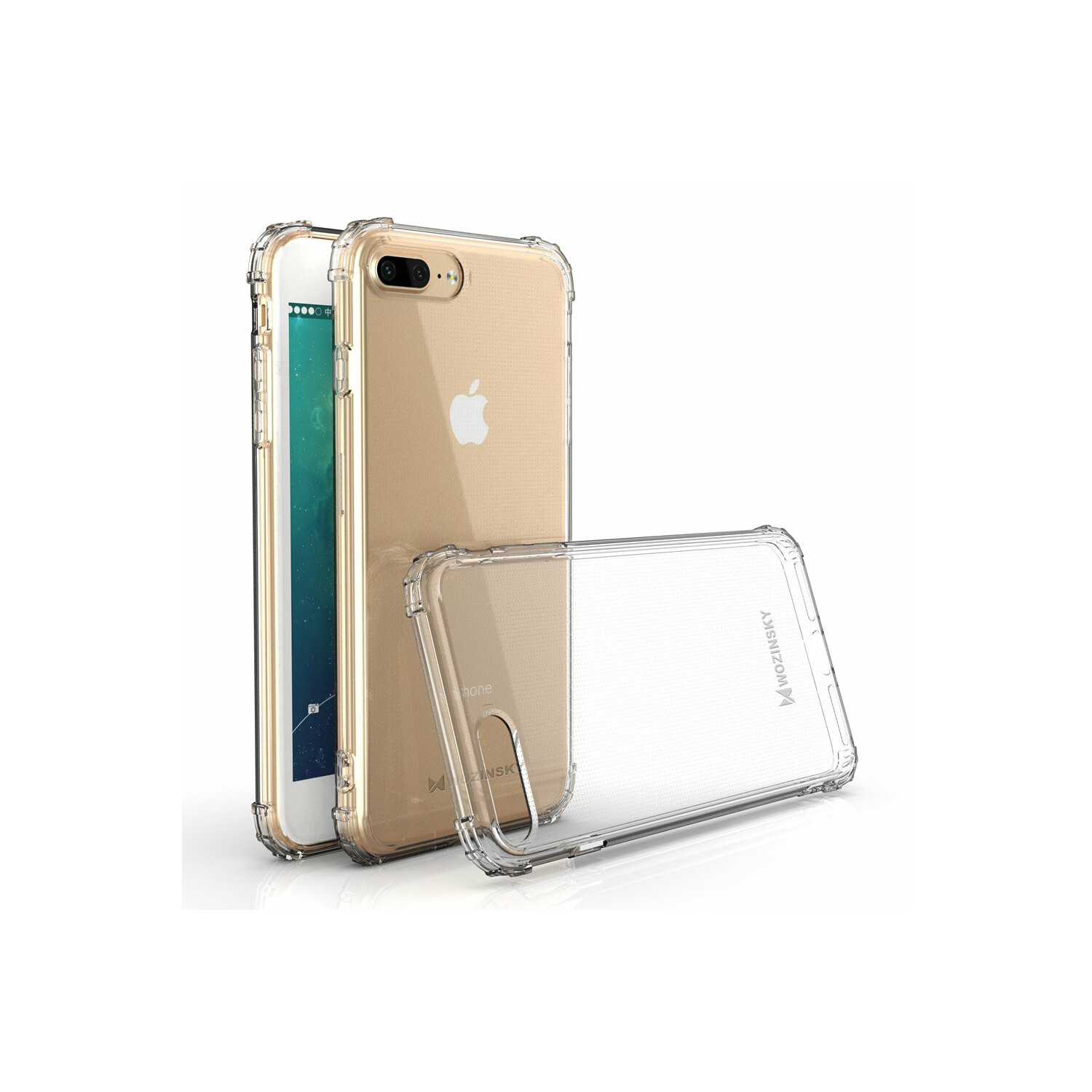 Zwei Handyhüllen, eine mit Telefon, transparent und goldfarben, mit weißem Hintergrund.