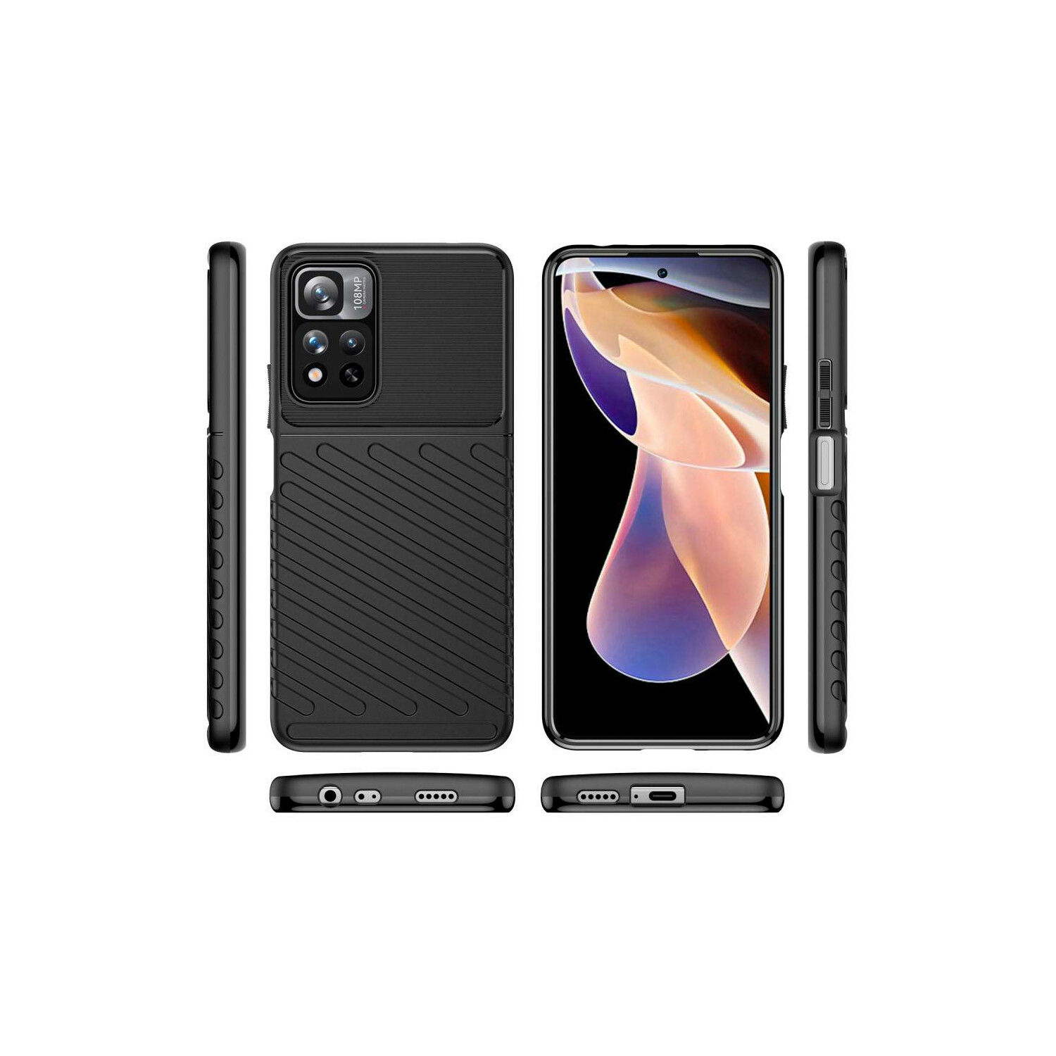 Handyhülle in mehreren Ansichten. Schwarz mit strukturiertem Design und einem Telefonbildschirm. Weißer Hintergrund.