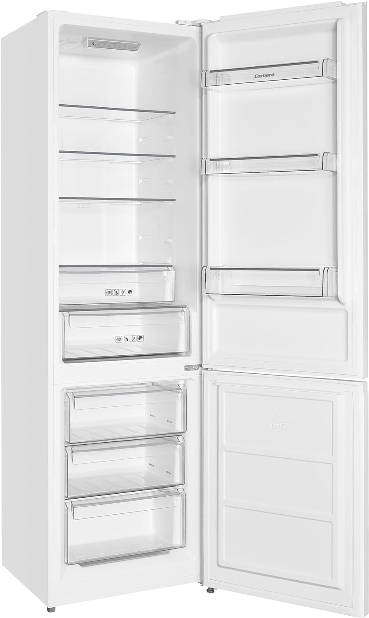 Refrigerador blanco con la puerta abierta, revelando estantes, cajones y compartimentos.