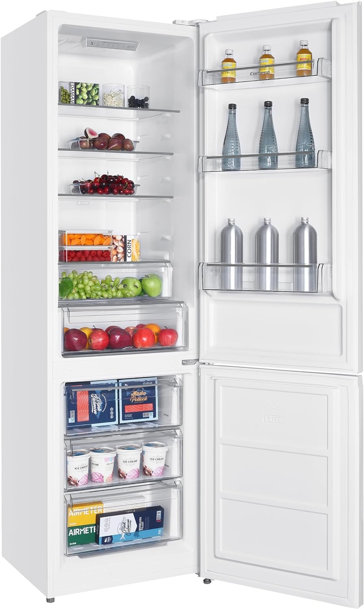 Refrigerador blanco, abierto. Frutas, bebidas y recipientes visibles.