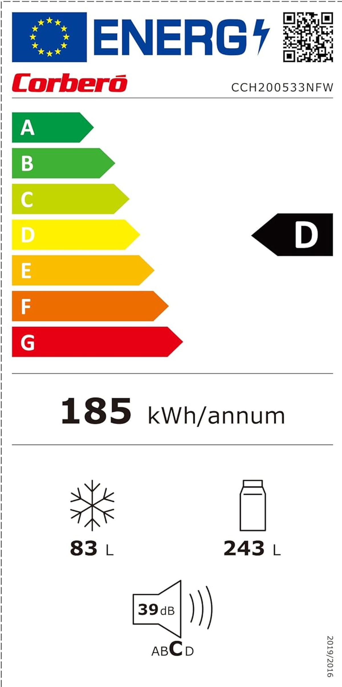 Etiqueta energética de un frigorífico, mostrando información de eficiencia energética y detalles técnicos.
