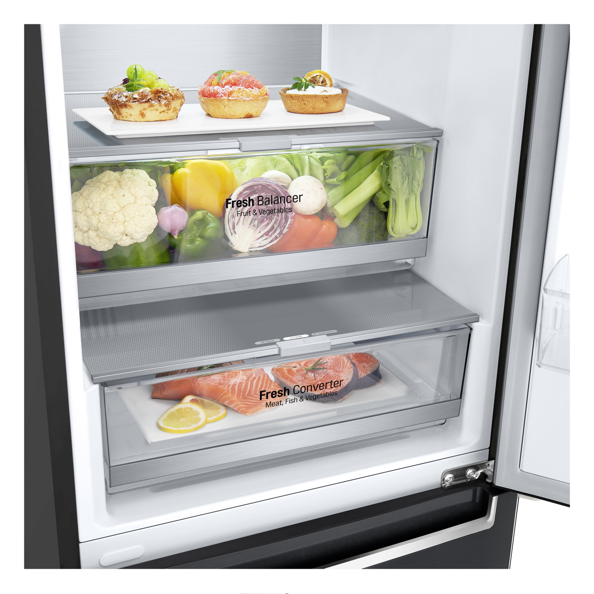 FRIGORIFERO COMBINATO LG GBB72MCVBN, Capacità netta totale 384 l, Rumorosità: 35 dB(A), 3 ripiani, Dimensioni: L 595 mm A 2030 mm P 675 mm, Nero, Classe B