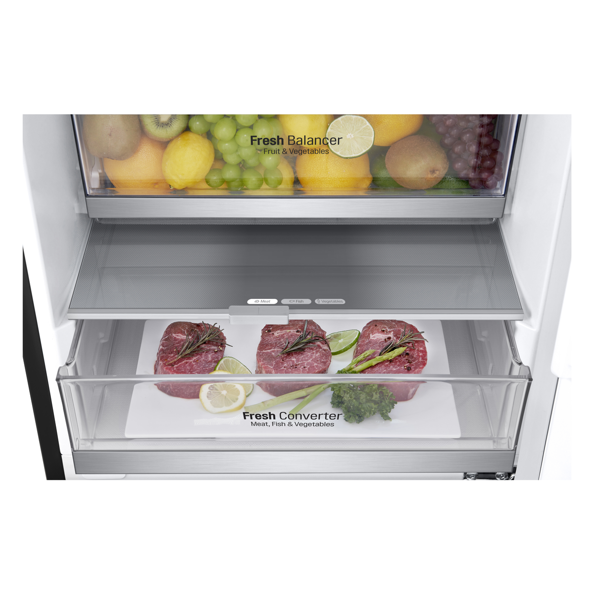 FRIGORIFERO COMBINATO LG GBB72MCVBN, Capacità netta totale 384 l, Rumorosità: 35 dB(A), 3 ripiani, Dimensioni: L 595 mm A 2030 mm P 675 mm, Nero, Classe B
