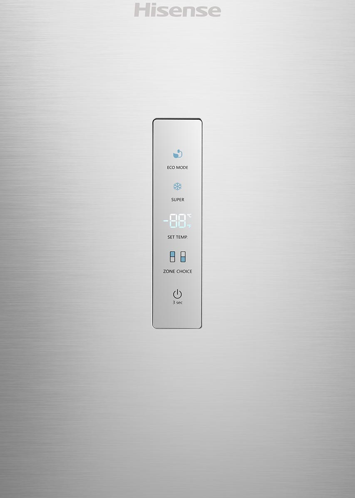 Panel sterowania lodówki Hisense, srebrna powierzchnia, pokazująca temperaturę i tryby.