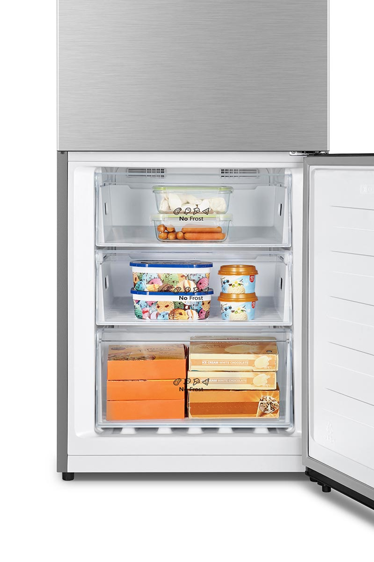 Otwarta lodówka z szufladami zamrażarki. Wypełniona różnymi mrożonkami. Tło jest białe.