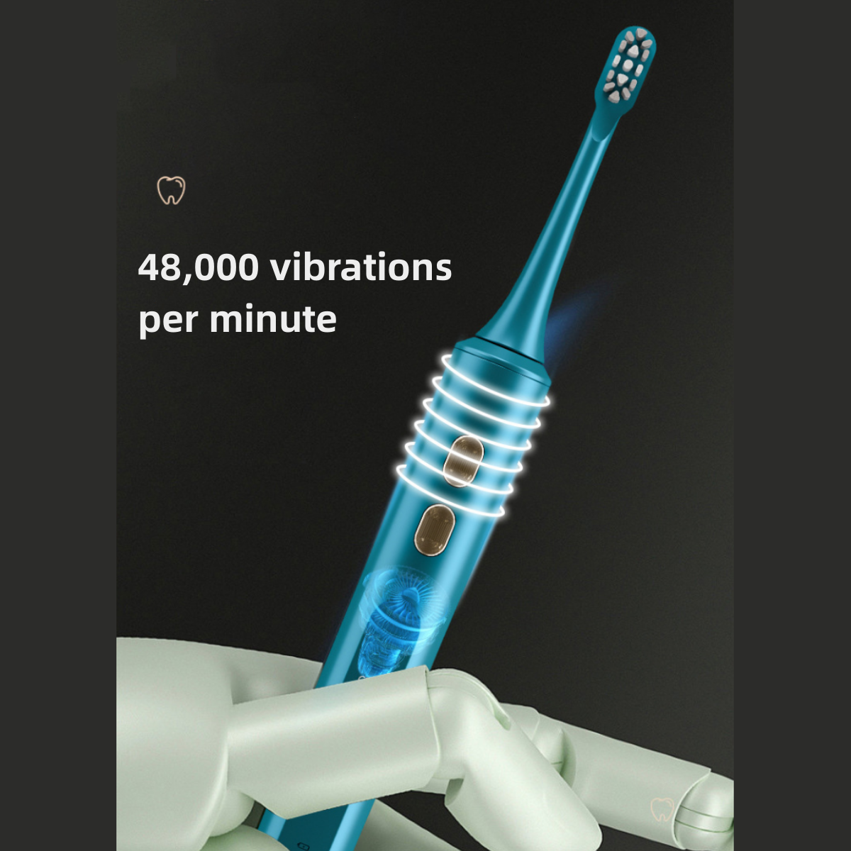 Cepillo de dientes eléctrico azul con cerdas blancas. Texto: 48.000 vibraciones por minuto. Sostenido por una mano.