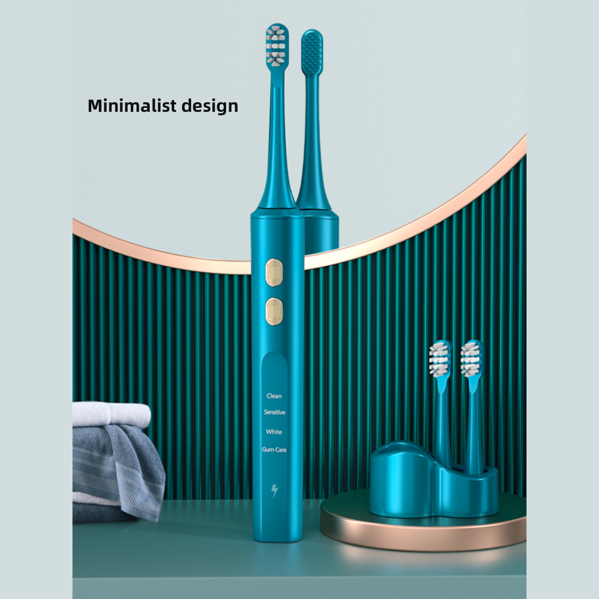 Cepillos de dientes eléctricos turquesa con detalles dorados y un soporte turquesa.