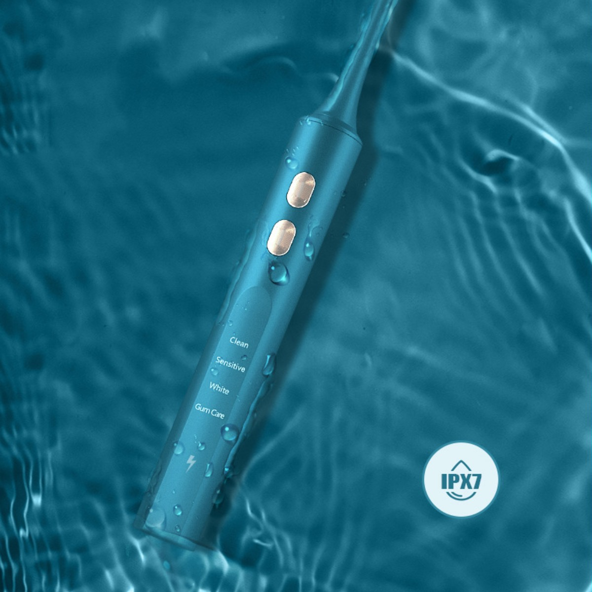 Cepillo de dientes eléctrico turquesa sumergido en agua. Botones dorados con etiquetas: Clean, Sensitive, White, Gum Care.