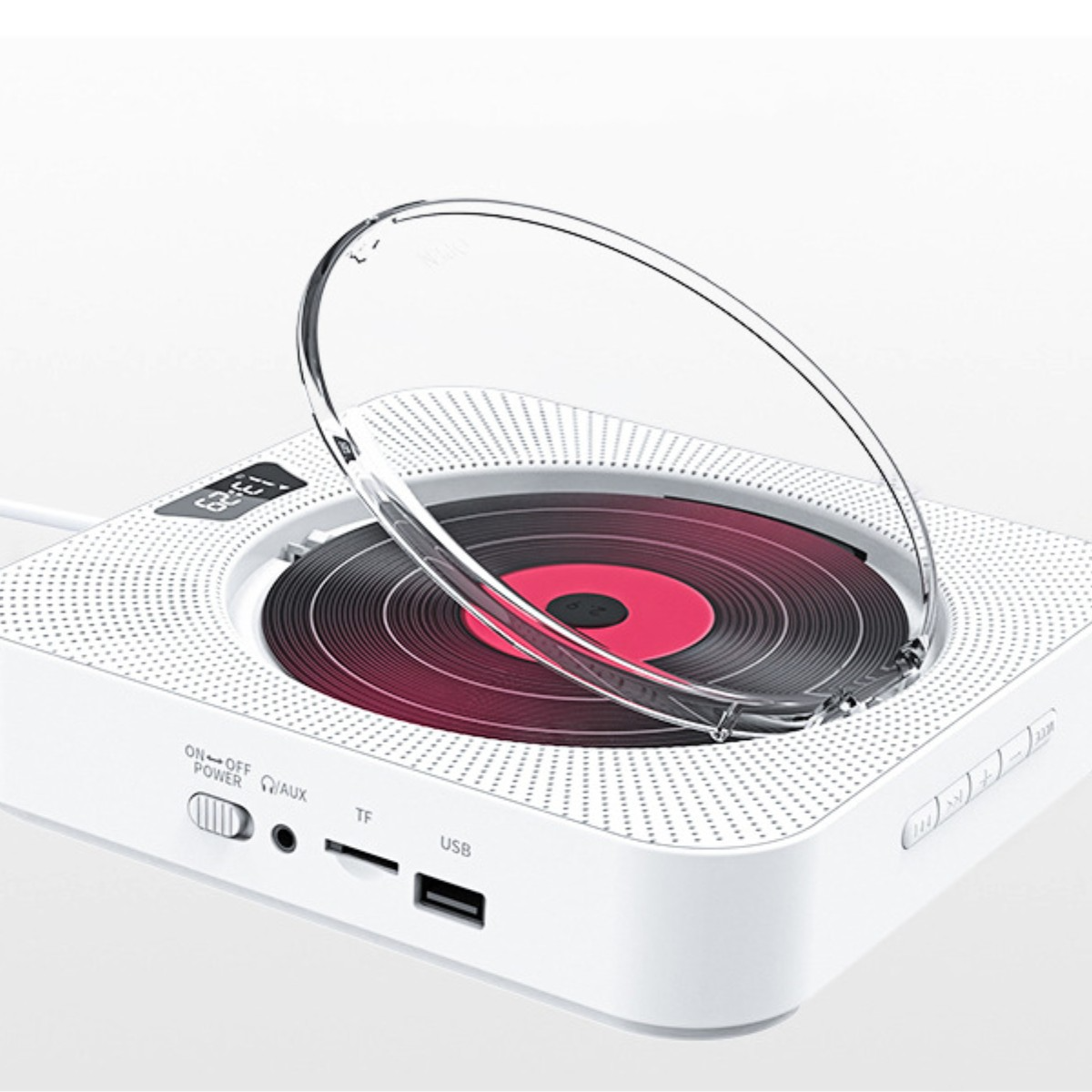 Reproductor de CD blanco con tapa transparente abierta y disco rojo.