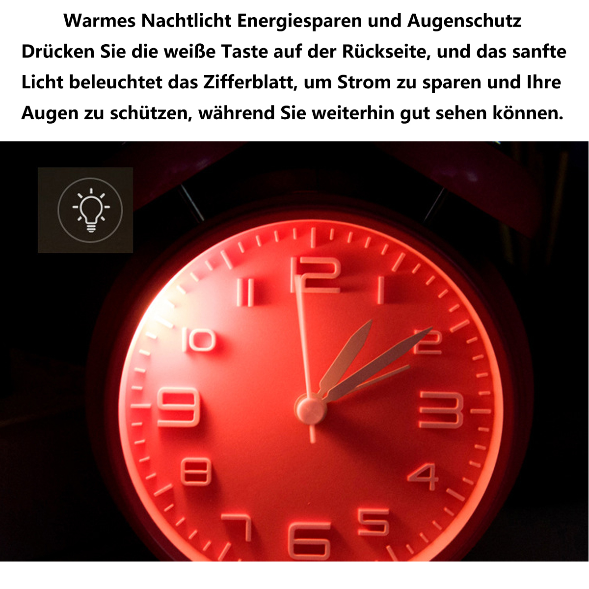 Un despertador rojo con la esfera roja brillante. El reloj marca la 1:07.